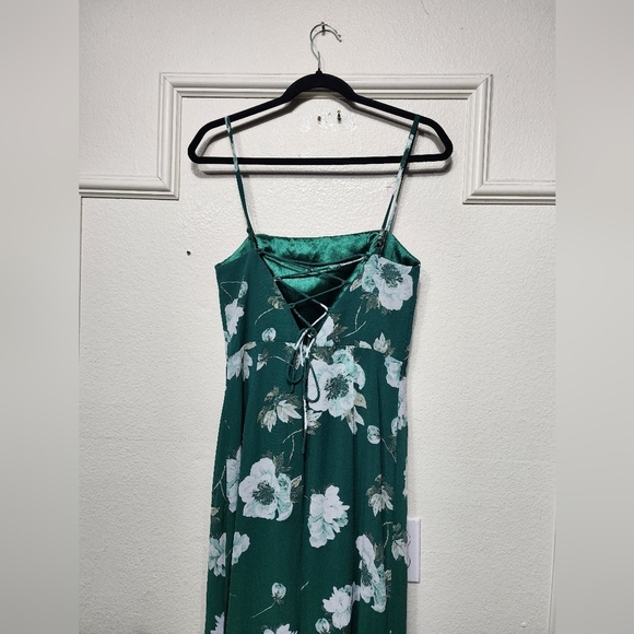 Lulus Feeling Elegant Green Floral Print Lace-Up Slit Maxi Dress S Wedding Party - Picture 10 of 11